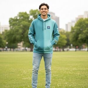 Teddy Fresh Wavy Dip Dye Hoodie Size Small In Teal Blue Embroidered Sleeves